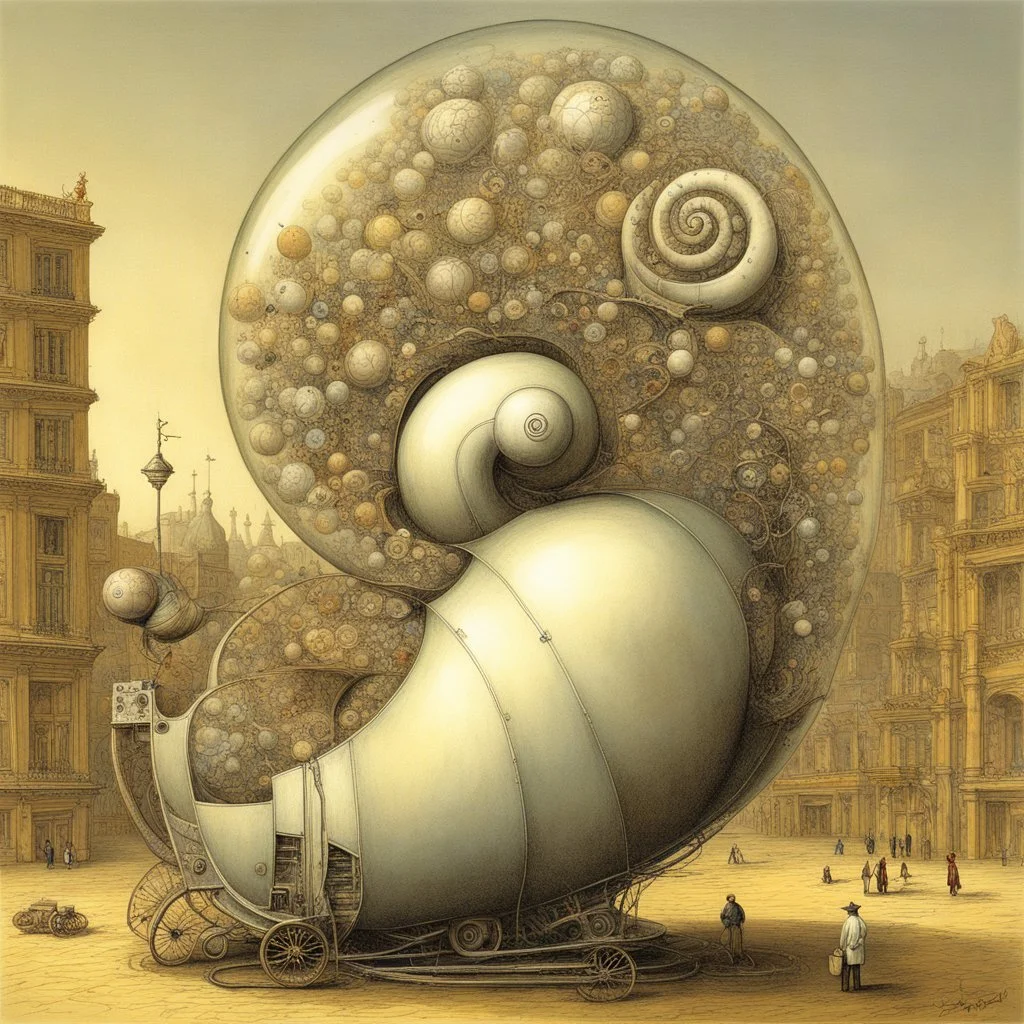 enhanced surrealism, pneumatic numbered lottery ball drawing machine built out of a giant transparent glass snail shell, bizarre machine, absurd, by Tomasz Setowski and Desmond Morris and Joan Miro and Alexander Jansson, mind-bending surreal image, impossible machine