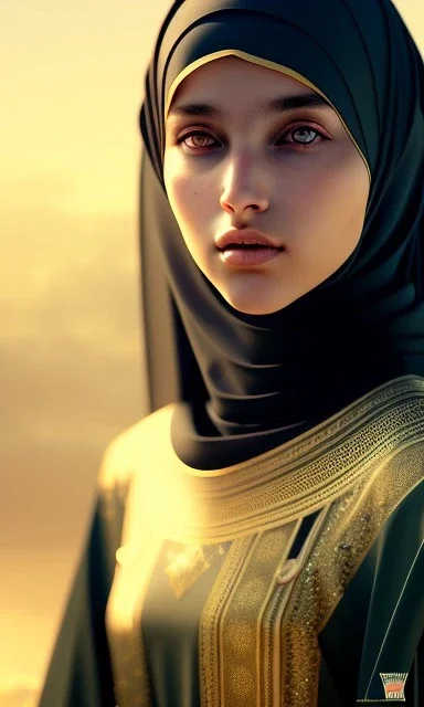 Arab teen girl , cute, beautiful, long hair, wavy hair, black eyes, She wears an Arab abaya، head and shoulders portrait, cinematic, 8k, resolution concept art portrait by Greg Rutkowski, Artgerm, WLOP, Alphonse Mucha dynamic lighting hyperdetailed intricately detailed