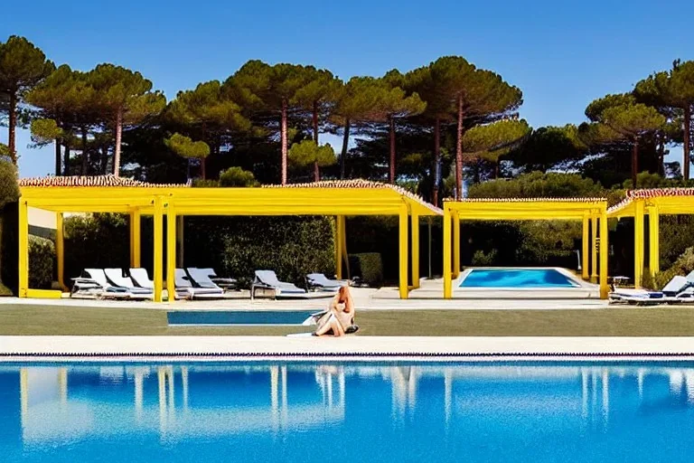 Day in quinta do lago, one straight line building of two floors on a slope of pine trees, with a 250 meters long pool on the rooftop building, modernistic luxury architecture with wood and antracite dark metallic pergolas, sexy loungers by the pool, red Ferrari and yellow lamborghini