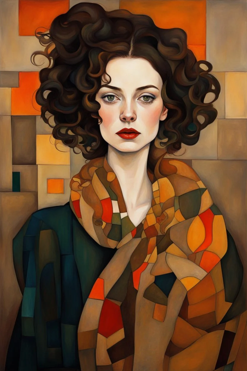 Woman in the style of argon Schiele + Gustav Klimt. Rich, lovely colors, full cubism style