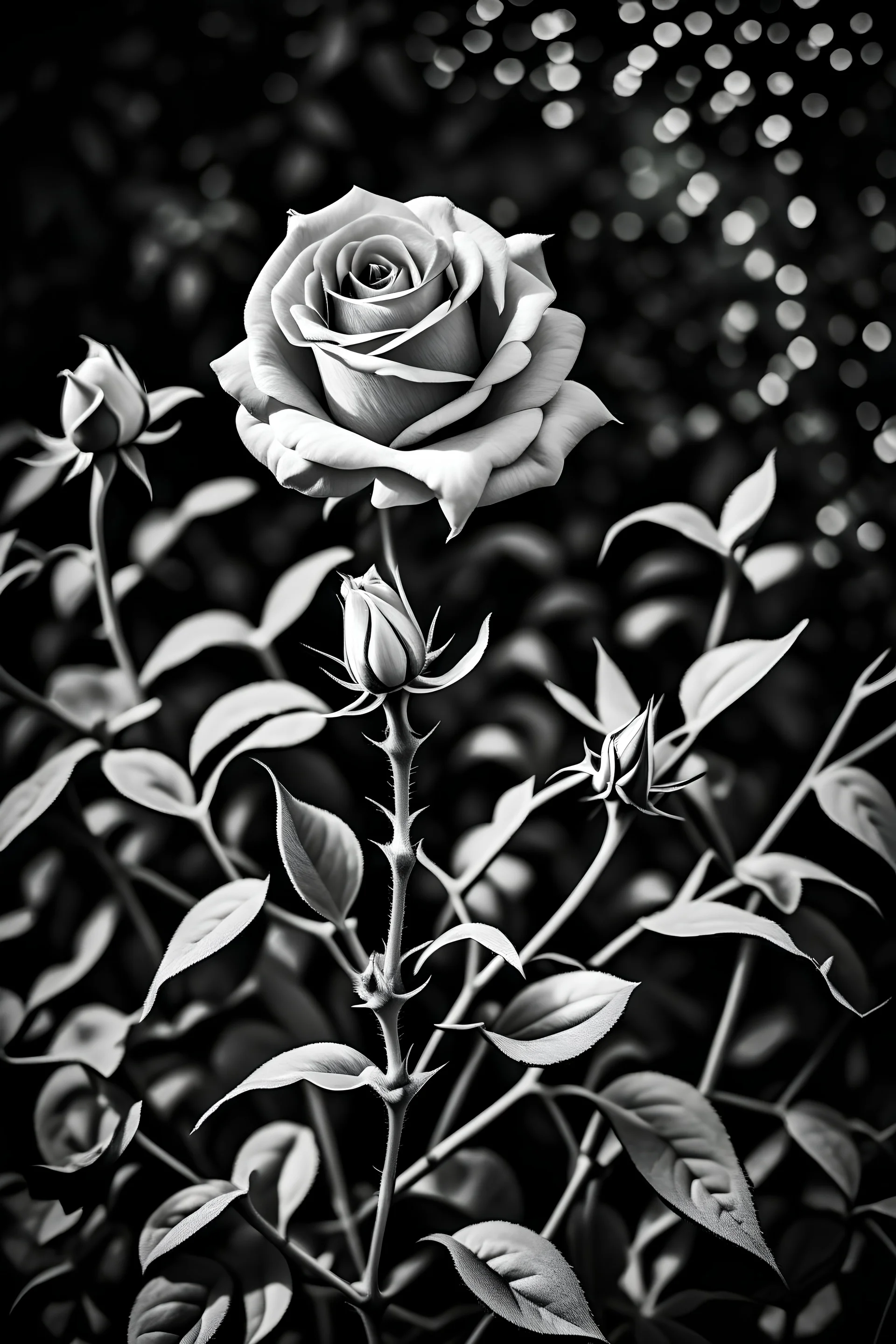 An image of a lone rose in a garden filled with weeds. This image is intended to be colored in by an adult, so use the colors black and white accordingly