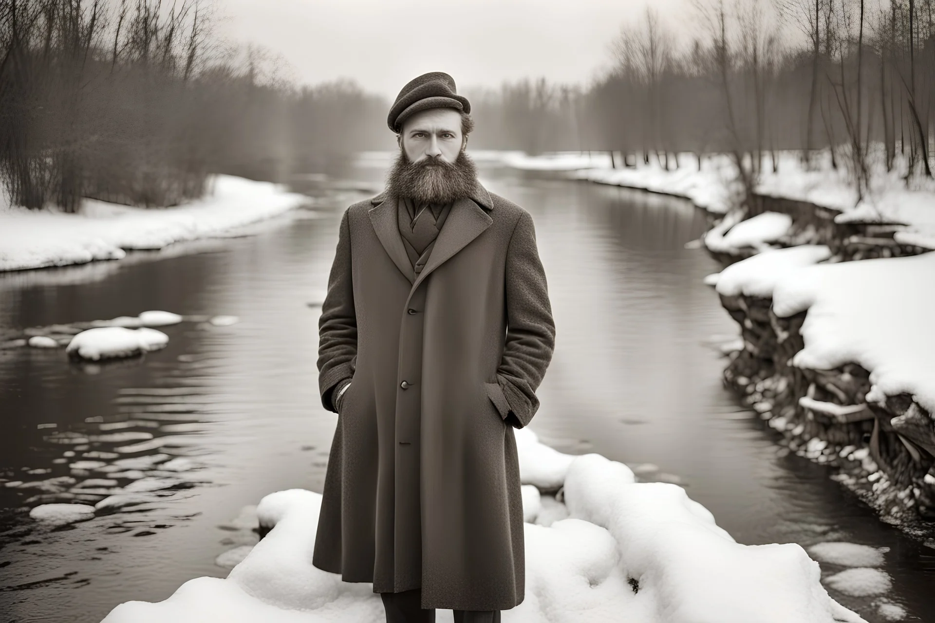 Warszawa 1920-1930, europian poor fit man age 25, looks at the camera at full height, old-fashioned. She has a beard. Warszawa 1920-1930, winter. Retro style full haight. White skin, in a river.