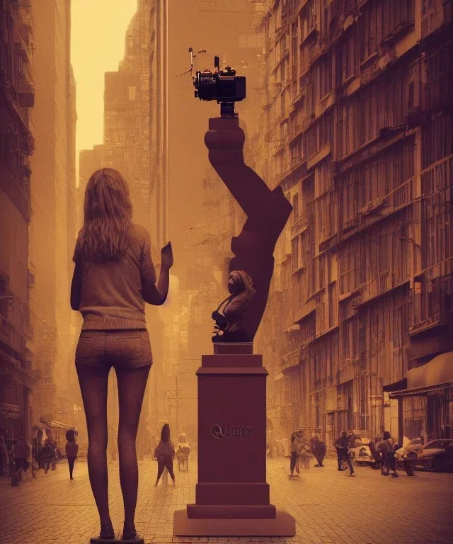 Statue of Queen of photography. Cute blonde woman. Photographer in golden crown. Standing on the street. Big camera in her hand. hyperdetailed, photorealistic, trending on artstation, greg rutkowski, beksinski, kodachrome, lomography, golden hour, bokeh, volumetric light