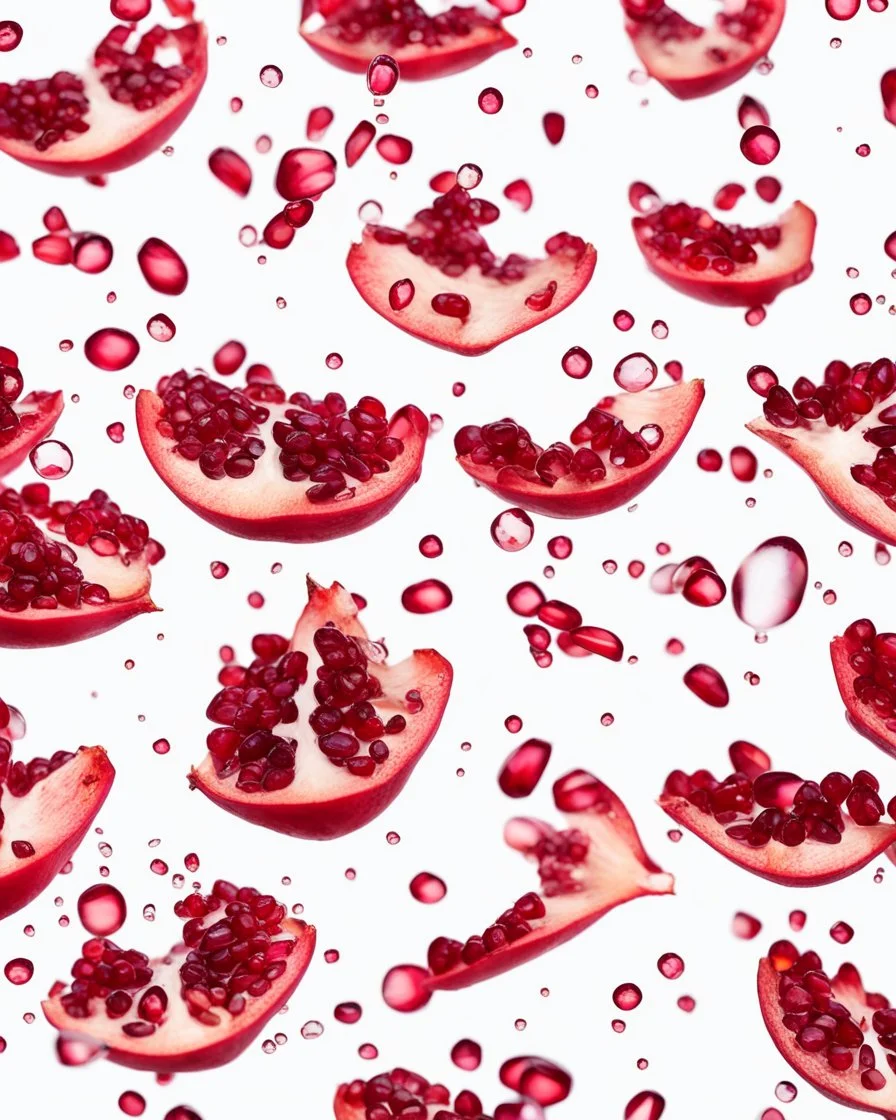 pomegranate seeds behind water droplets through a prism and refraction, on a white background