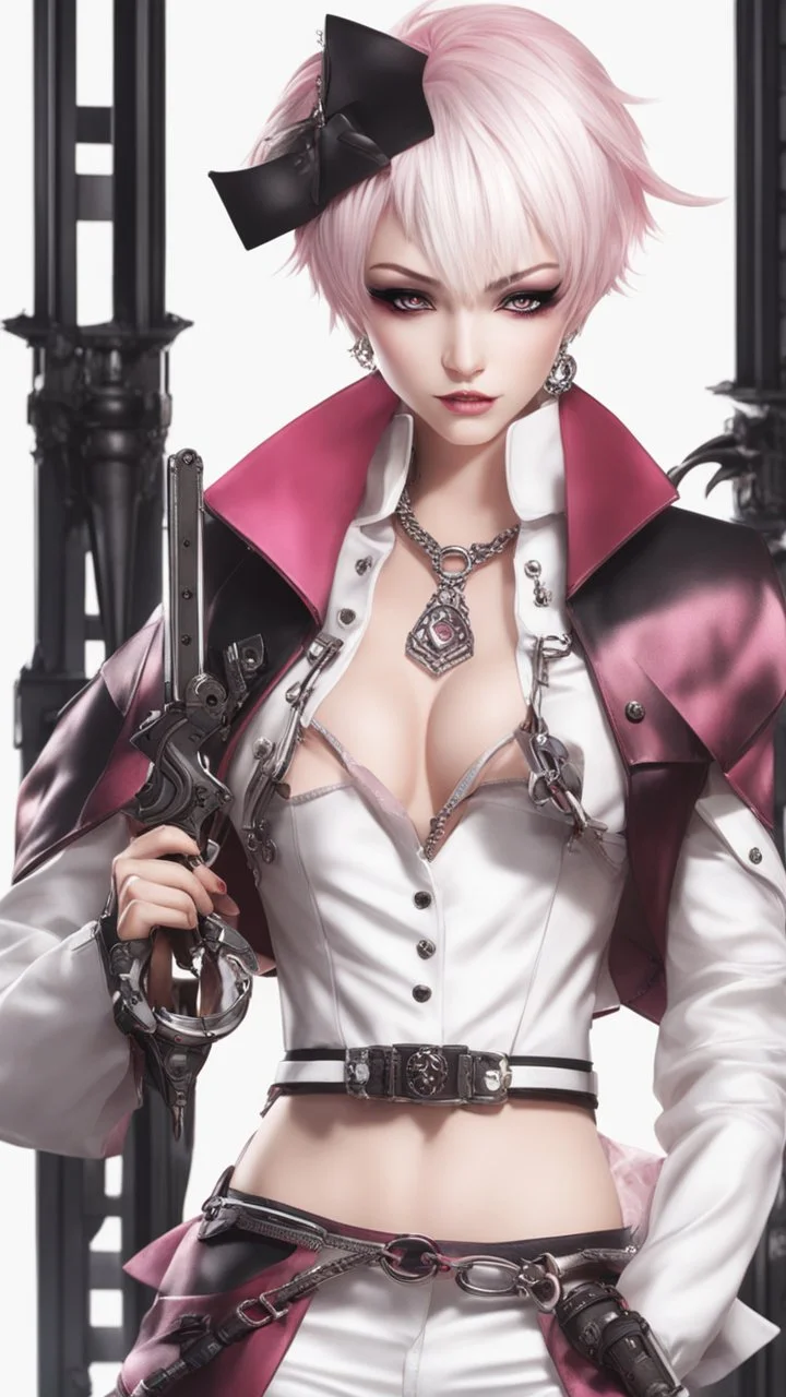 A close picture to blind vampire with white and pink short hair, slave, Tusks, malicious smile, Handcuffs, Weapon handcuffs in dreamshaper finetuned model with dynamic art style witg