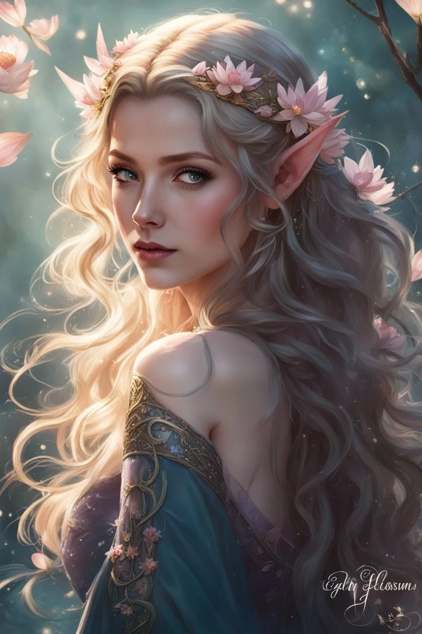 Pink flower crown,Pointed elven ears,Blonde hair ,Pink dress,Sparkling fairy wings,Very long golden hair,Fairy crown,pointed ears,elven ears,fairy wings,water lilies,sparkling,glittering,flowers,blossoms,golden crown,light pink dress