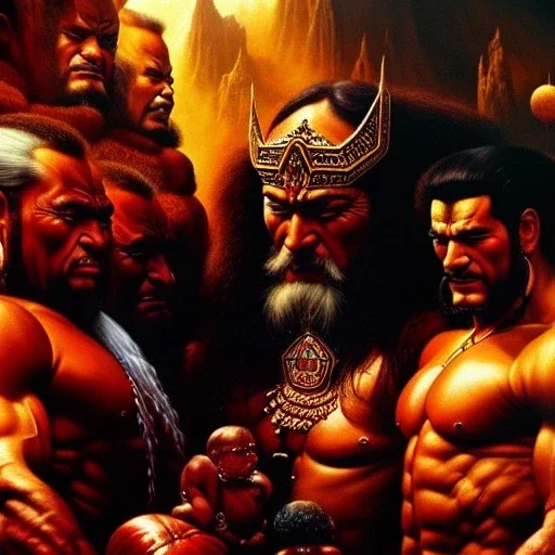 portrait oil on canvas, giants, the sons of Anak, mystical colors,insanely detailed,realistic,intrincate detail, 16k resolution, masterpiece,Simon Bisley,Frank Frazetta, Alex Horley,Tze Kun Chin