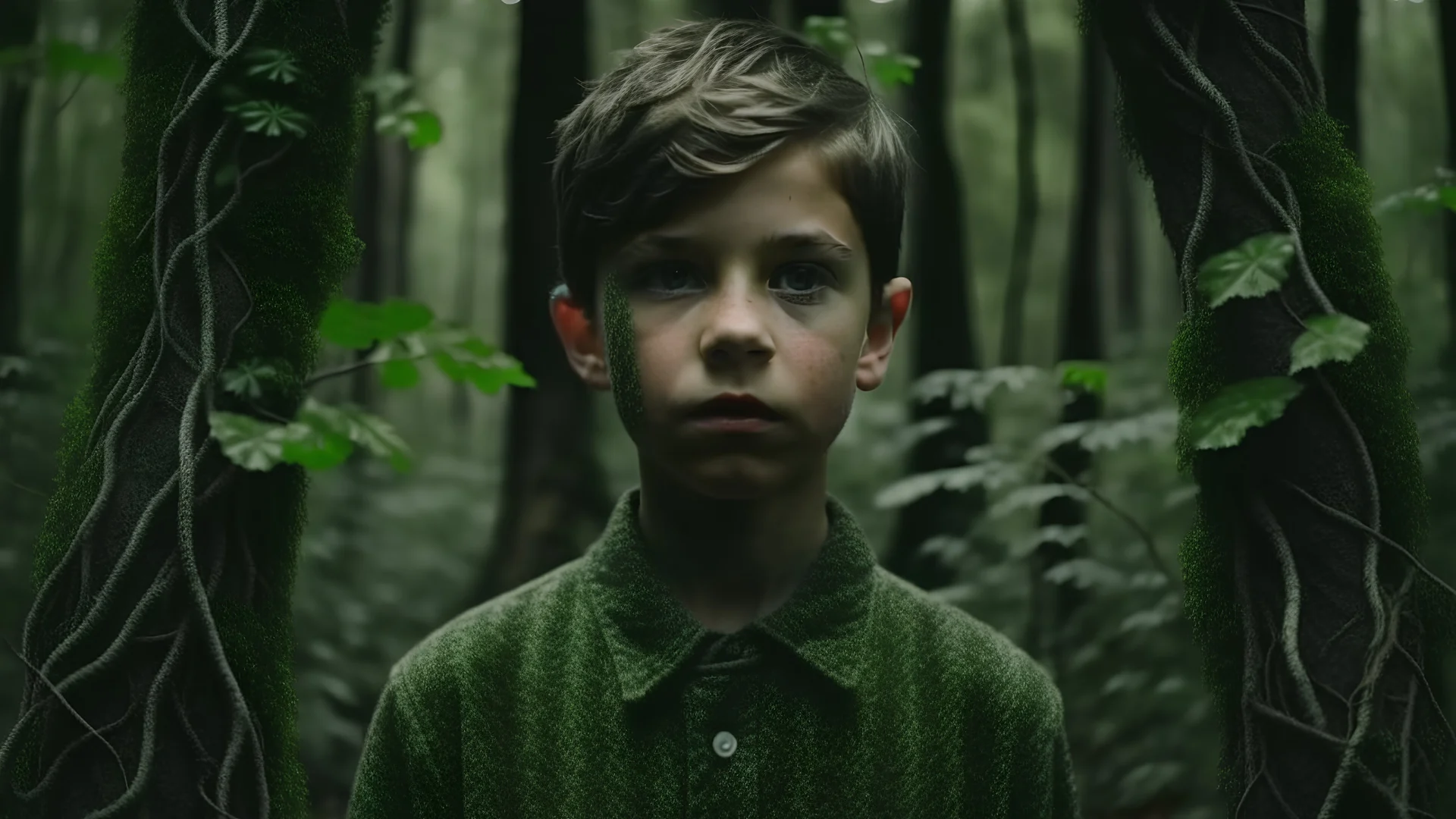 Cinematic Medium shot , oung boy standing in the forest holding plants, in the style of infused nature, video collages, made of veins, detailed face, dark green and white --style raw