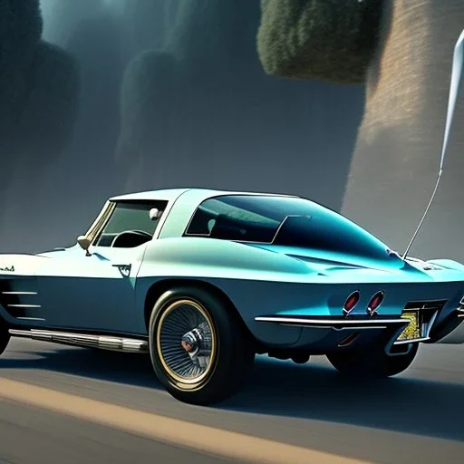 hyperrealism Drawing of '1963 Chevrolet Corvette Sting Ray Coupe' three quarter frontal aerial view, by gaston bussiere, greg rutkowski, yoji shinkawa, yoshitaka amano, tsutomu nihei, donato giancola, tim hildebrandt,oil on canvas, cinematic composition,Sharp detail,extreme detail,fit full head inside picture,16k