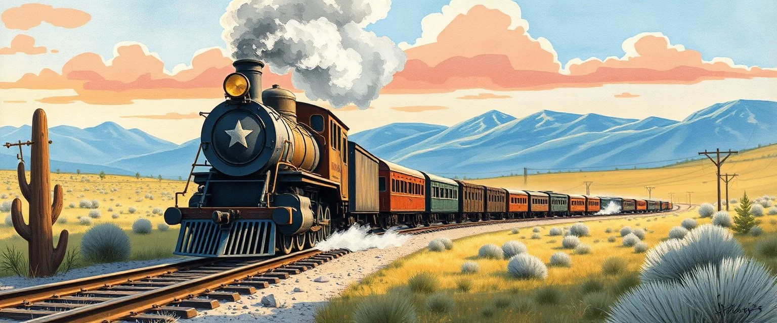old western railroad, childrens book illustration