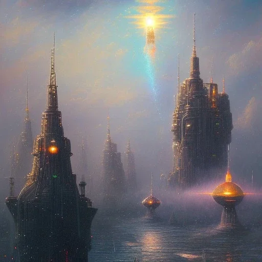 Steampunk scene of futuristic Liberty Statue,galaxian fantasy airships flying over San Francisco Bridge in a cloudy sky,Giant sci-fi super-panzer in the style of John Berkey