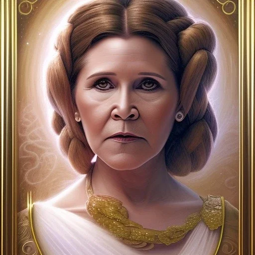 hyperspace background, complete and photo realistic detailed head to waist stunning photo realistic portrait of carrie fisher as Princess Leia in star wars with photo realistic updo hair by Mandy Jurgens and mucha and Richard Schmid and chuck close and chie yoshii, extraordinary and detailed ceremony dress of star wars,brown eyes