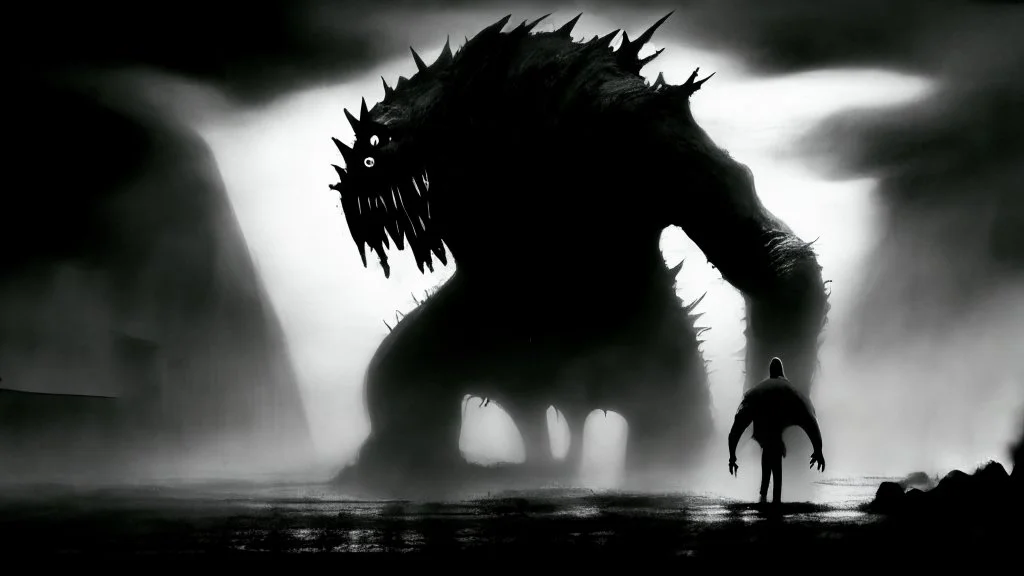 The described image presents an extremely horrifying scene with grayscale colors dominating the picture, creating a dark and eerie atmosphere. In this context, there is a massive, monstrous creature positioned prominently in the foreground of the image. This monster appears to be mythical and intensely frightening, characterized by its terrifying features and its colossal, imposing body that exudes immense power. When one looks at this monster, its face and eyes exhibit horrifying details, seem