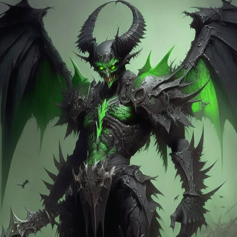 demonio de armadura verde y negro con alas negras tomando sangre