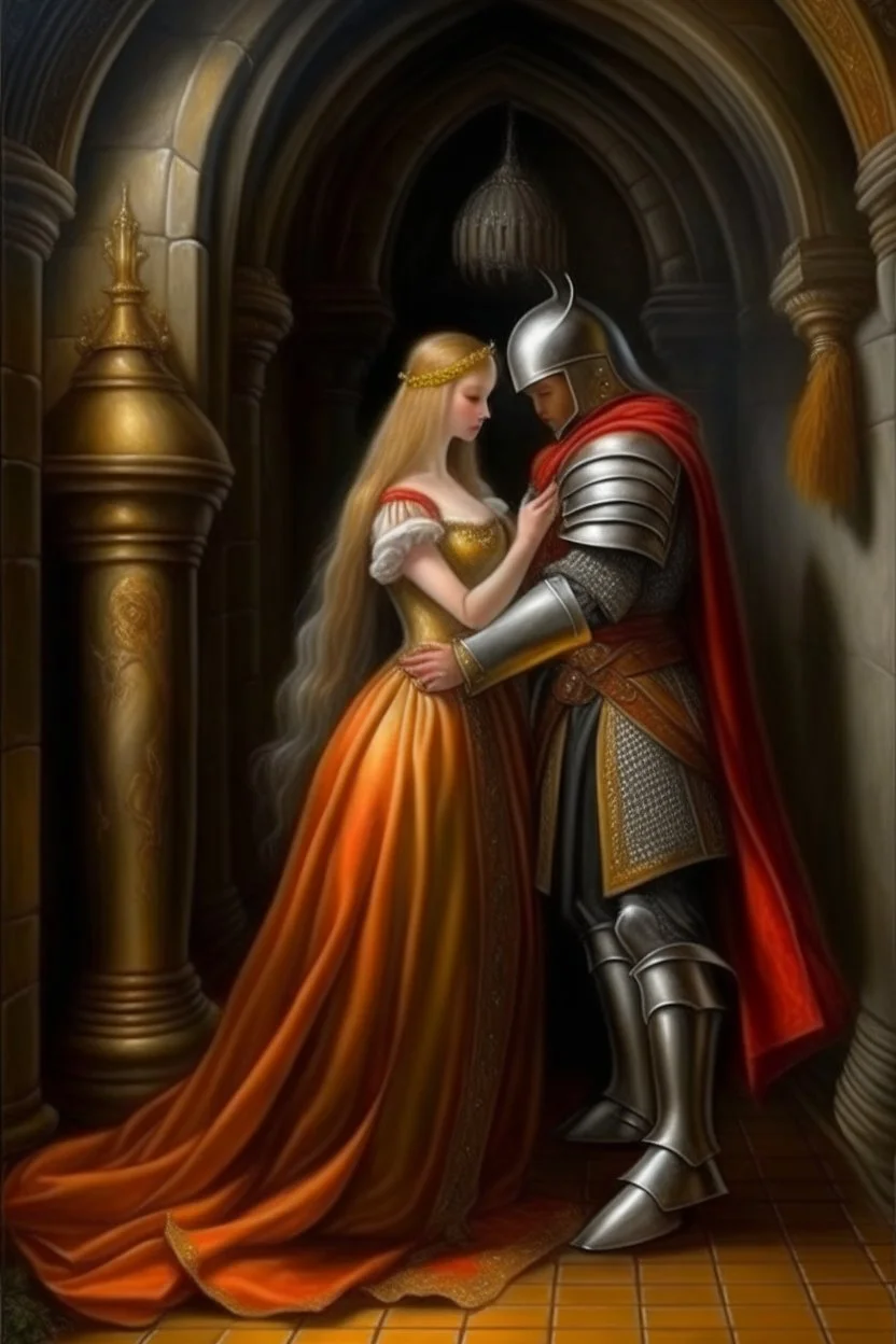 Historical oil painting expressing love The eternal between a princess and a knight Photorealistic