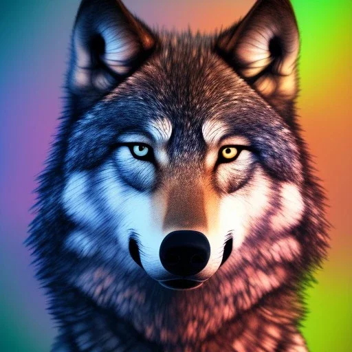 Wolf, red, orange, yellow, green, blue, purple, masterpiece, expert, 8K, hyperrealism, sharp focus, cinematic lighting