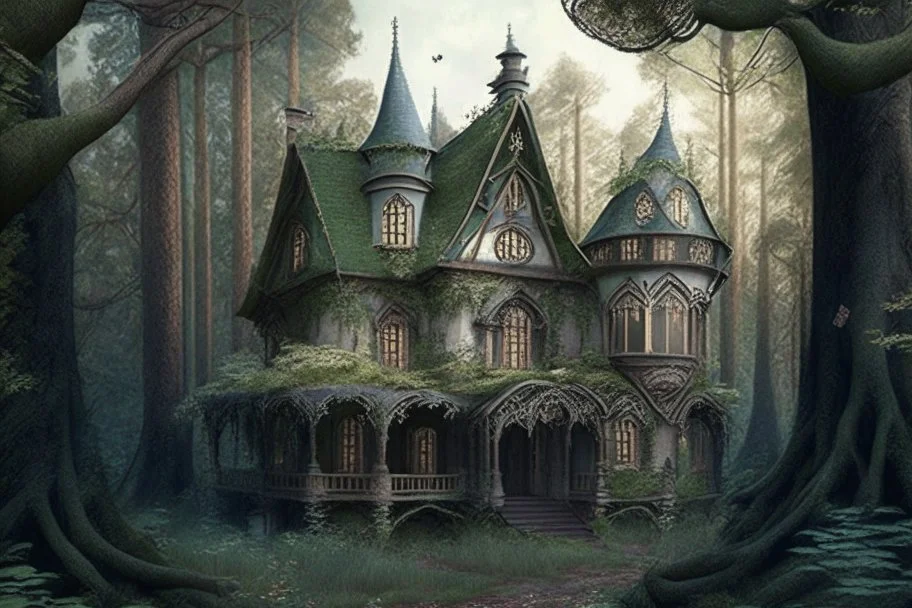 victorian fantasy house surrounded by forest