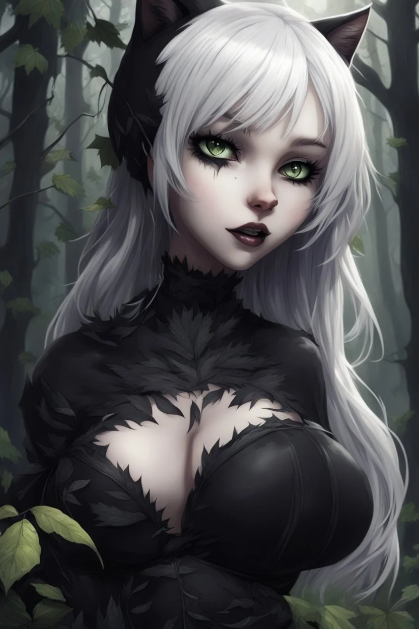 CAT GIRL, goth, forest, nature, cartoon, leaves, half black half white hair, boobs