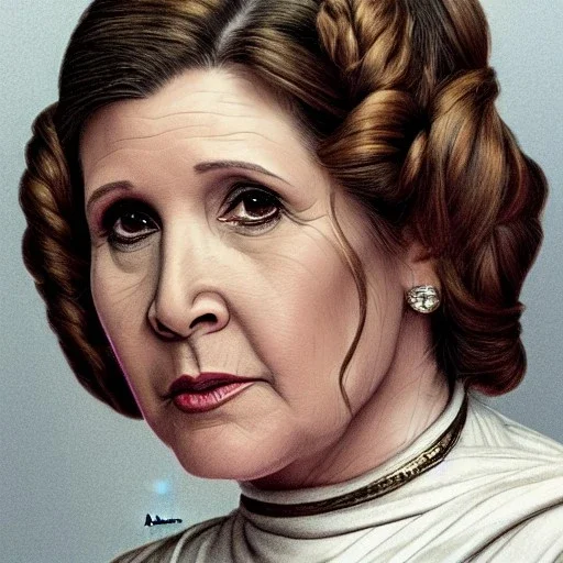 [[extrem stunning photorealistic carrie fisher as princess leia in star wars]] :: [[photorealistic brown eyes, symmetrical short hair, head and shoulders portrait, 8k resolution photorealistic portrait by Greg Rutkowski, WLOP, hyperdetailed, intricately detailed, triadic colors]]