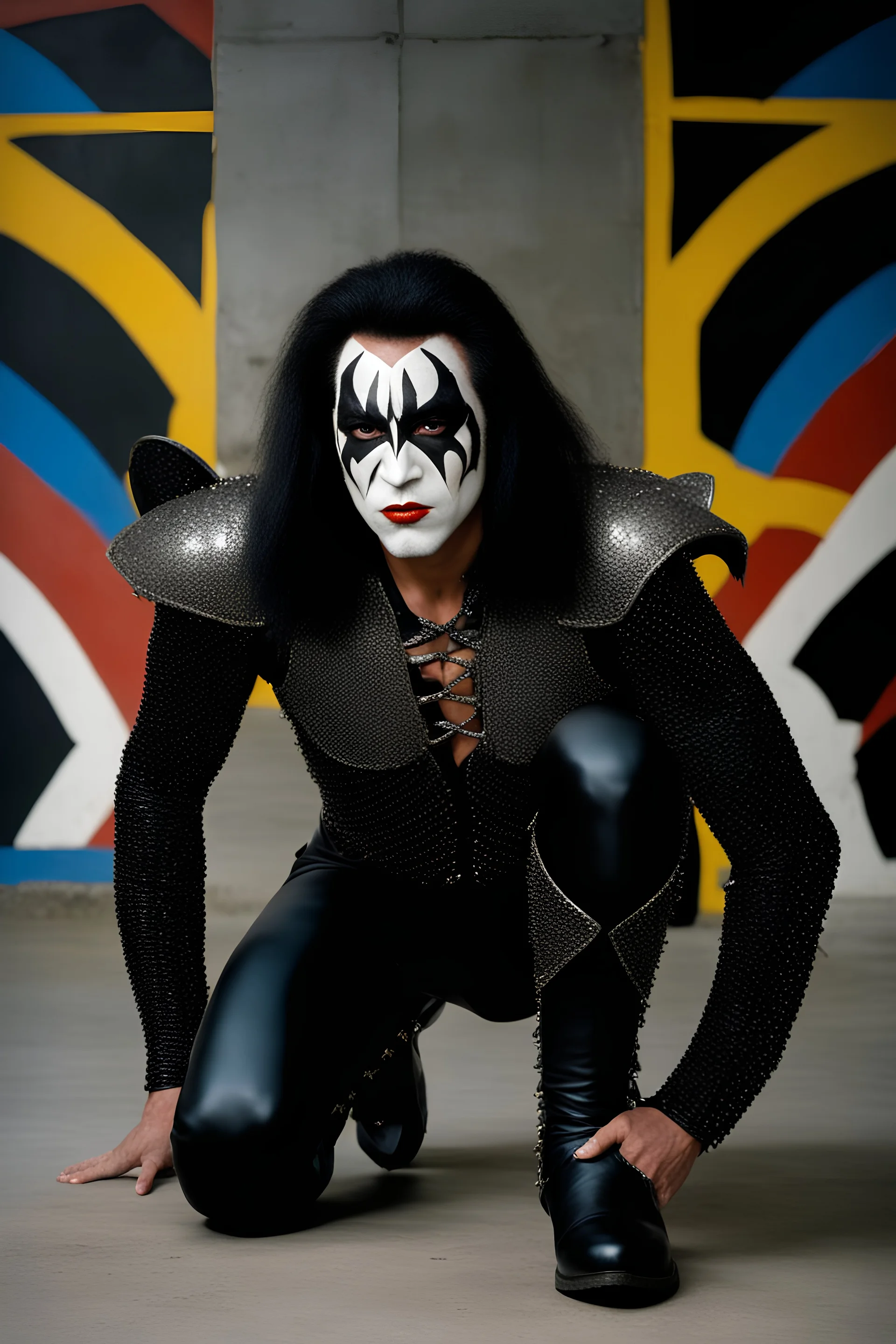 text 'KISS' - head and shoulders portrait, KISS 20-year-old Gene Simmons, black spandex, steel shoulder and chest armor, black cape, studded codpiece, 8-inch platform boots, ponytail, - a multicolored cement wall in the background,