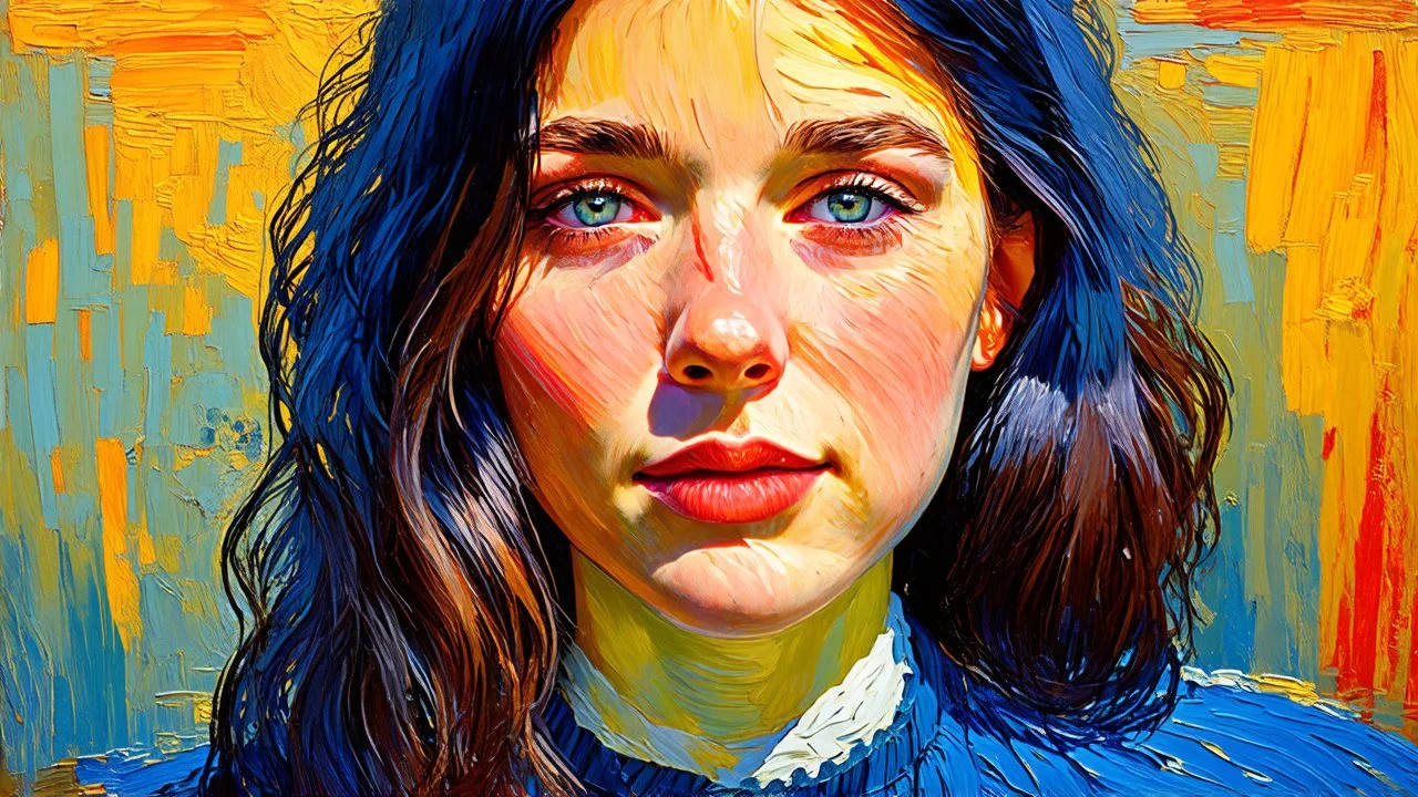 Van Gogh style. Beautiful female face looking at me, ultra realistic, stylized, highest resolution, best quality, extremely sharp focus, celtic style