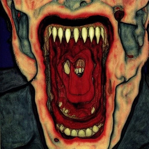 Horror Disfigured bald Vampire,blood big canine teeth with blood, by egon Schiele