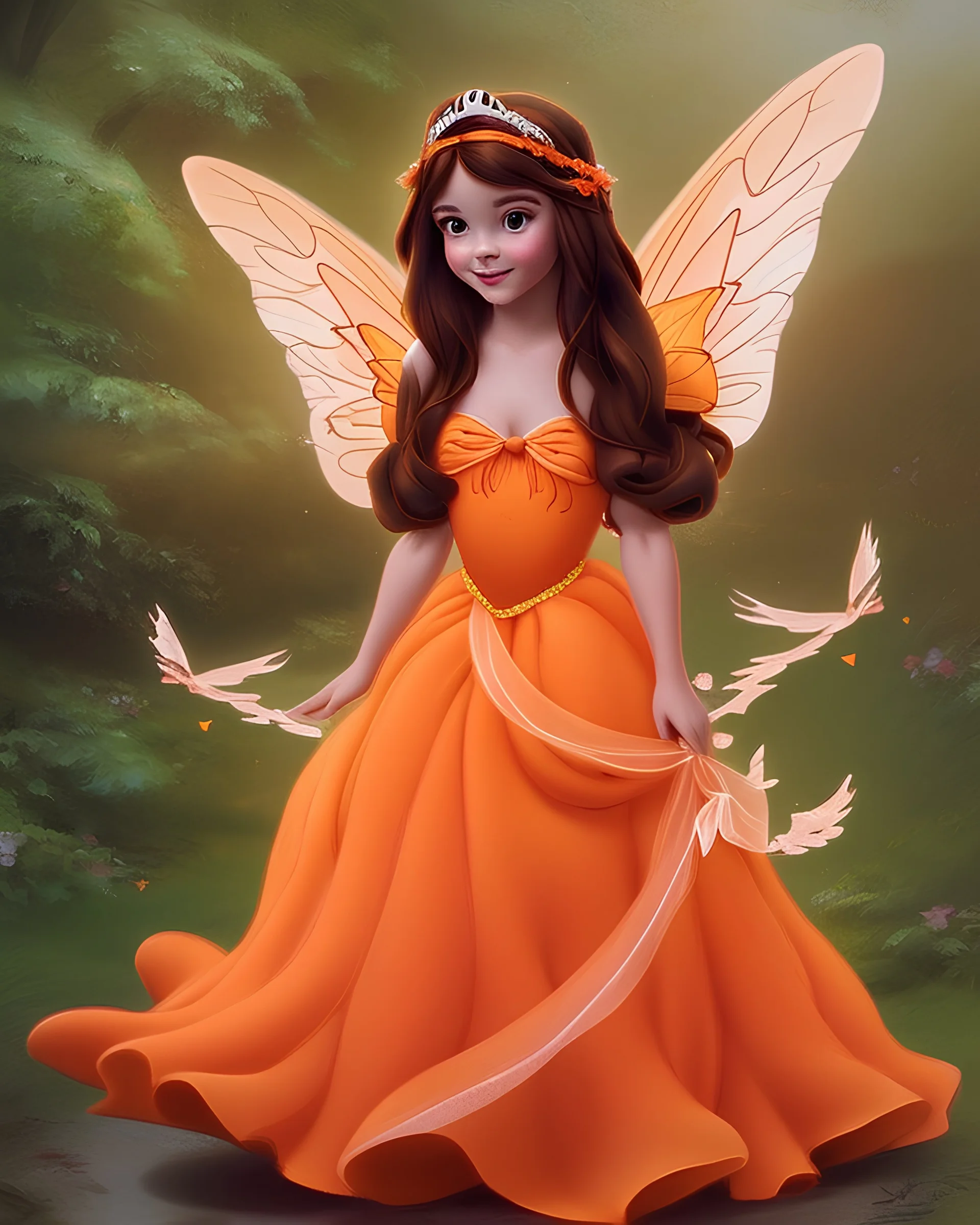 Princess with long brown hair, flown orange dress and fairy wings, Disney Princess-like