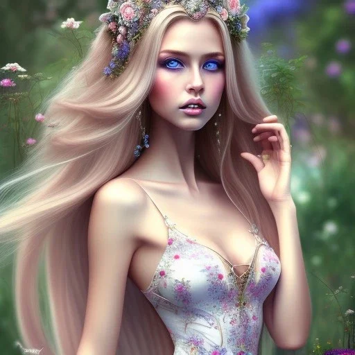 corps entier avec pieds de belle jeune femme féerique blonde avec cheveux longs, yeux bleus , beau visage détaillé, robe longue rose, dans un jardin magique et fleuri