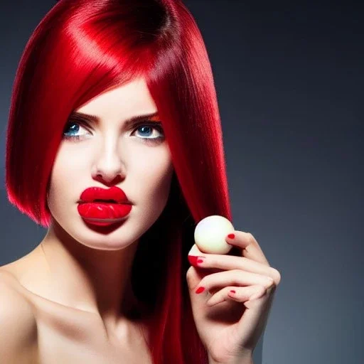 womans face with jawbreaker-eyes, redlicorice hair,