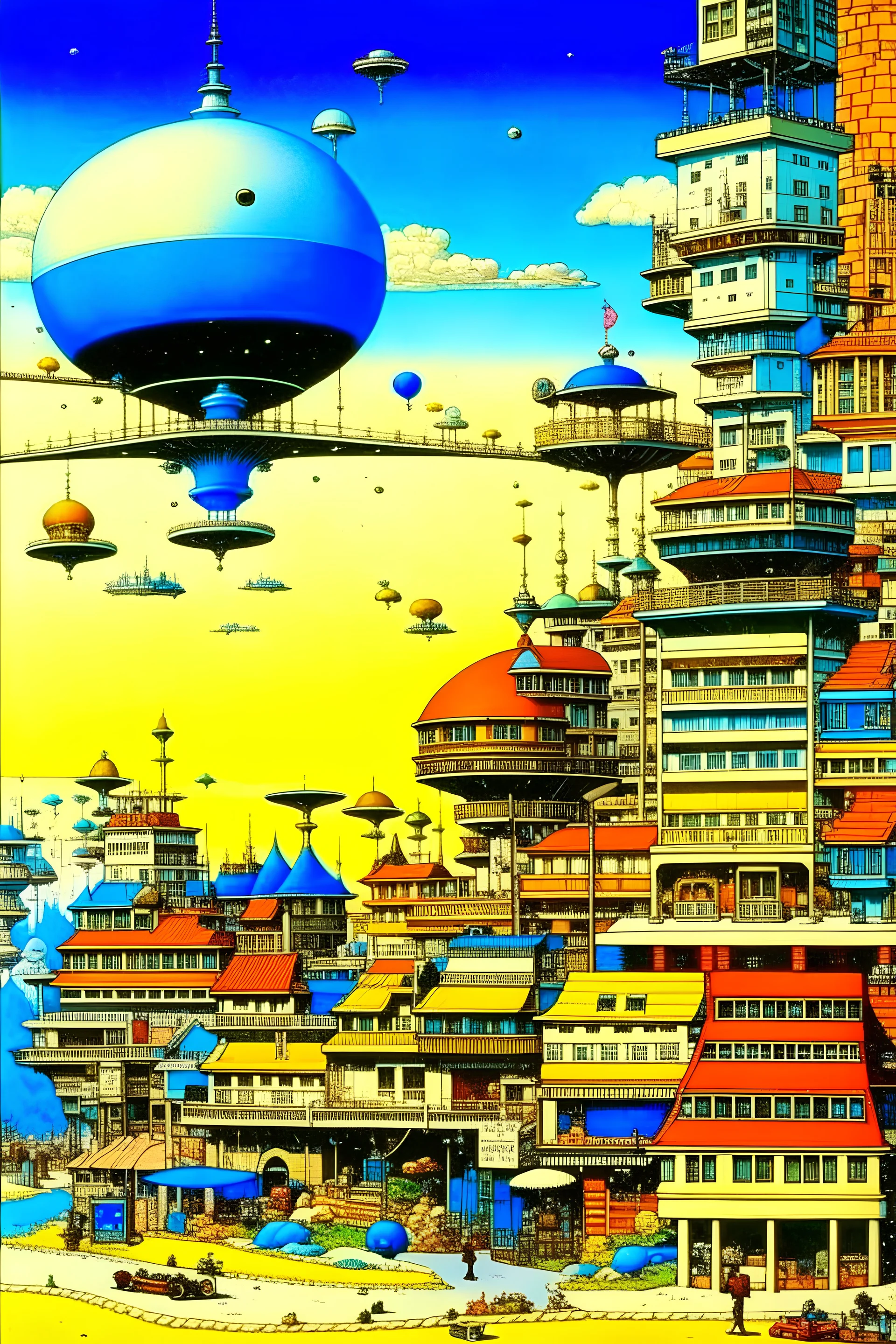 Heath Robinson, Bruno Taut, Karl Friedrich Schinkel, Le Corbusier, Leo von Klenze, Santiago Calatrava, Surrealism, strange, bizarre, fantastical, fantasy, Sci-fi, Japanese anime, drawing the blueprint of the city in the sky, future city planning, perspective drawing, cross-sectional drawing, three-point perspective, miniskirt beautiful girl architect, perfect voluminous body, ideal architecture, hand coloured line drawings detailed masterpiece