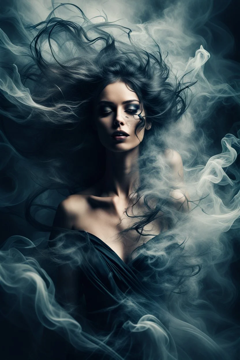 A beautiful mysterious woman, abstract image showing her chaotic life, chaos, stormy, smoky, 8k, exceptional beauty