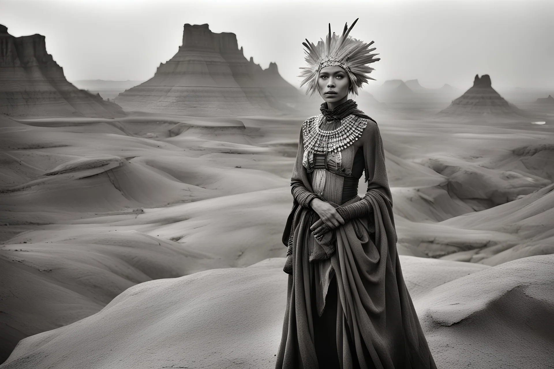 Beautiful blonde brown woman wearing a detailed avant-garde costume, medium-full shot, in misty Arizona quarry Badlands, by Sebastiao Salgado