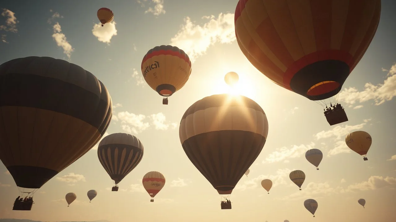 Hot-air balloons in the sky, soft sunshine, exquisite composition, beautiful detailed intricate detailed octane render trending on artstation, 16k artistic photography, photorealistic concept art, soft natural volumetric cinematic perfect light, chiaroscuro, award-winning photograph, masterpiece