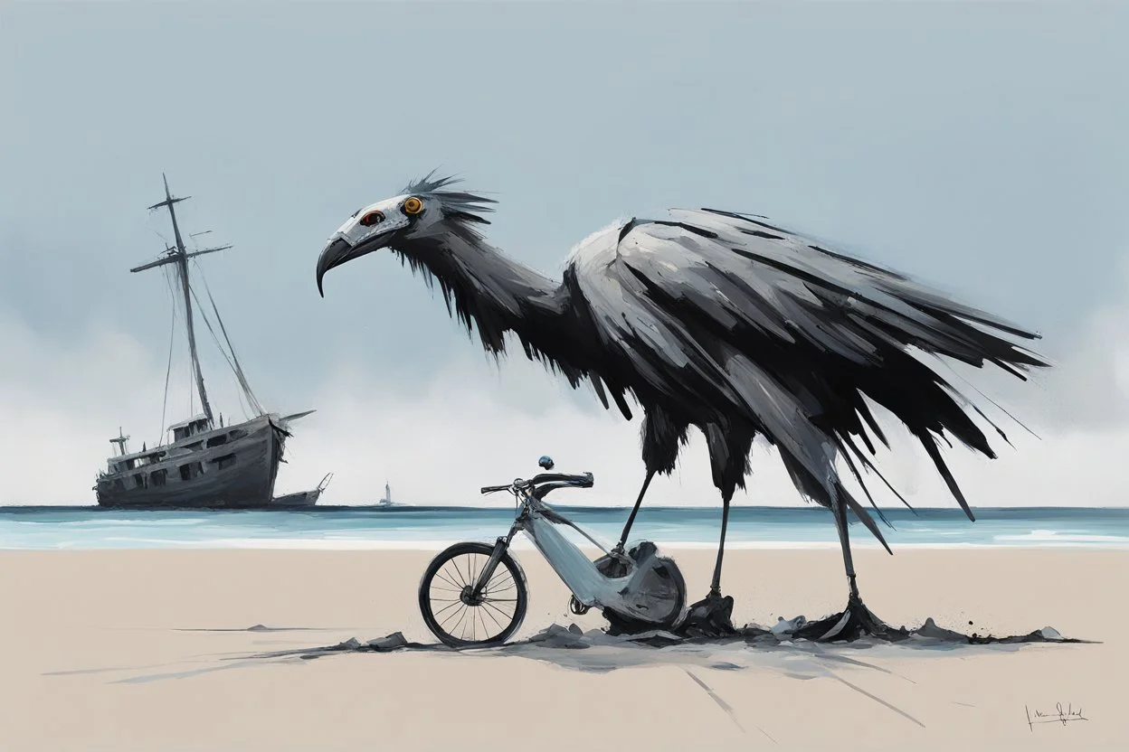 a long-legged lean black-grey cybervulture with ((beak-shaped heads)) (wearing white khiton) on a bike in front of a boatwreck on a radioactive beach, front view, acrylic painting, minimal art, centered, wild sparse brushstrokes, amazing verticals, great parallels, low bleak colors of gray, blue and black, excellent negative space contrasts