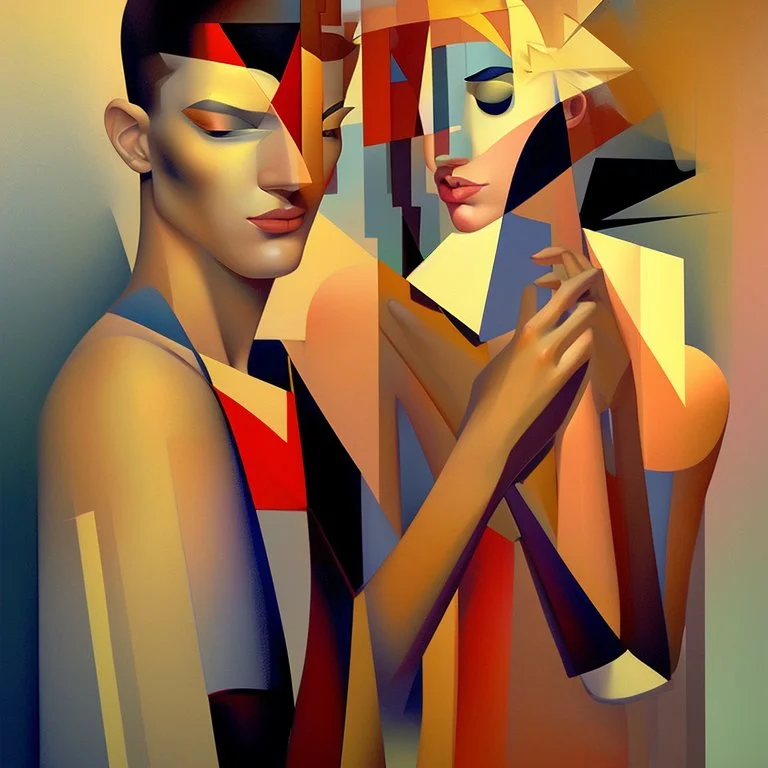 a painting of a man and a woman, a cubist painting by Keith Mallett, cg society, figurative art, cubism, fauvism, art