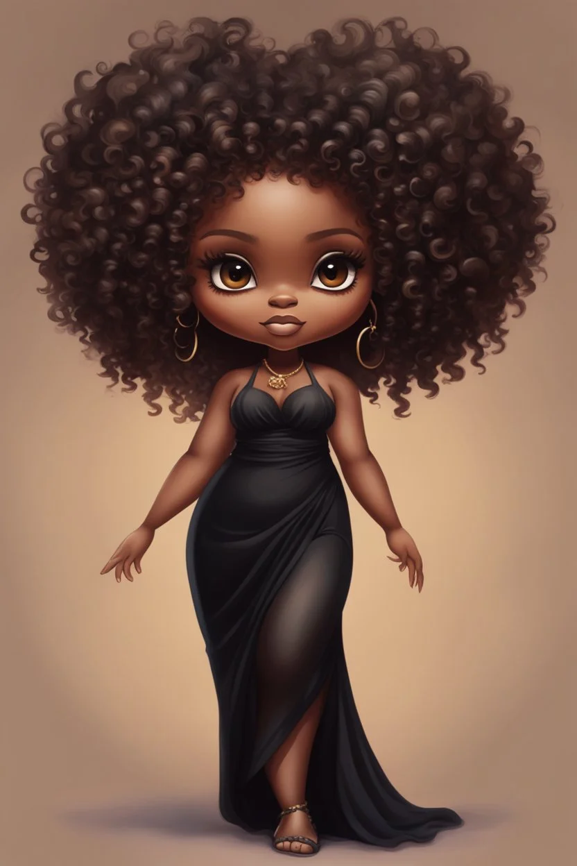 create a digital oil painting image of a chibi curvy black female wearing a black maxi dress and black sandals. Prominent make up with brown eyes. Highly detailed wild tight curly afro.