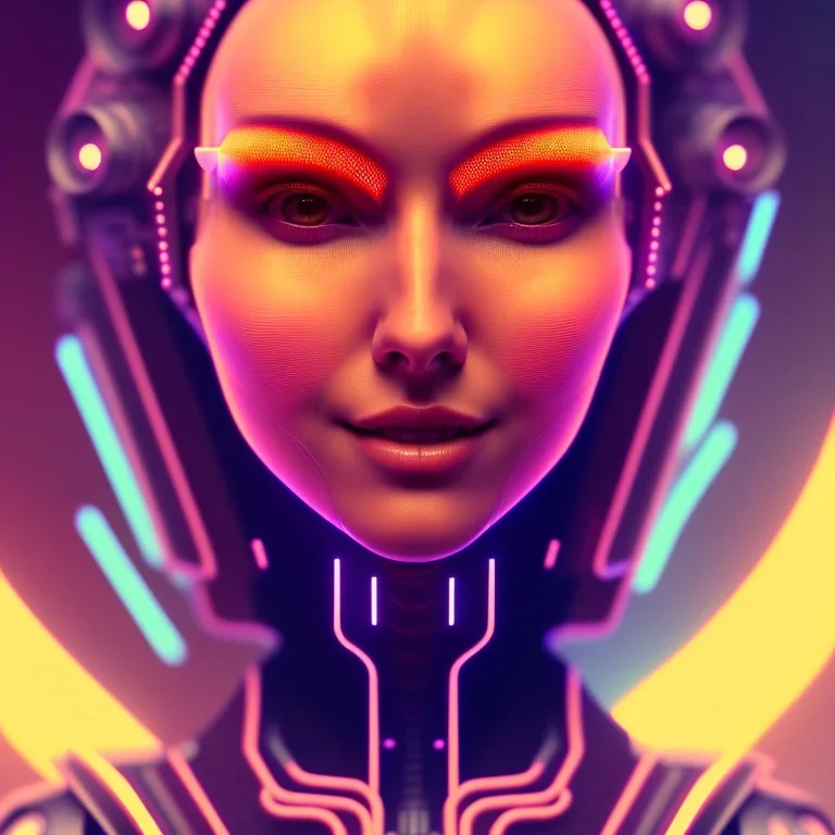 A beautiful portrait of a cute cyberpunk woman happy smiling, grain on the skin, orange color scheme, high key lighting, volumetric light high details with white stripes and feathers full length clean art NFT, soft lighting, soft pastel gradients, high definition, blender 3d cinematic, op art, visionary art, sacred geometry, fractal, white balanced