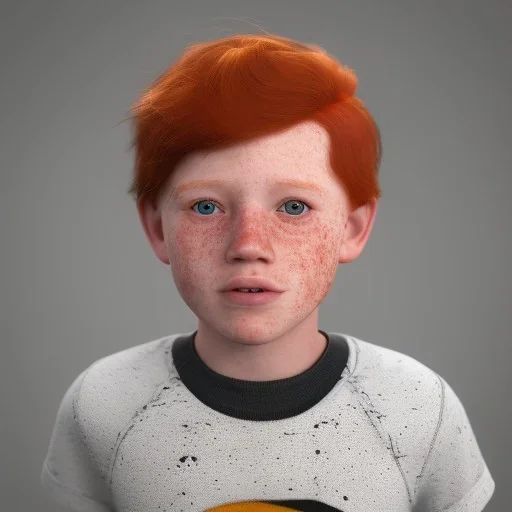 short redheaded boy/kid with a long face and freckles, realistic, 8k, curly bangs.