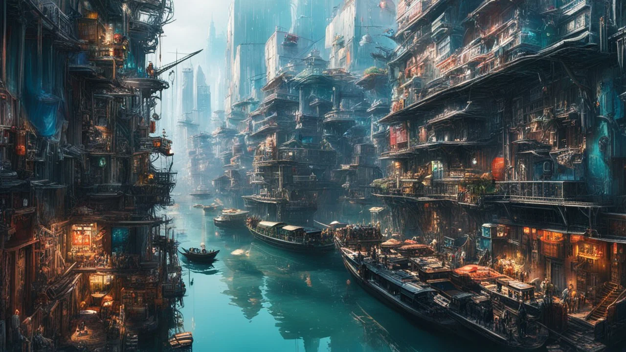 Water-level view of buildings on a canal, made of metal, cyberpunk, many painted colours, floating and flying boats, balconies, bridges, people, shopping, eating, walking, fifth element, ghost in the shell, altered carbon