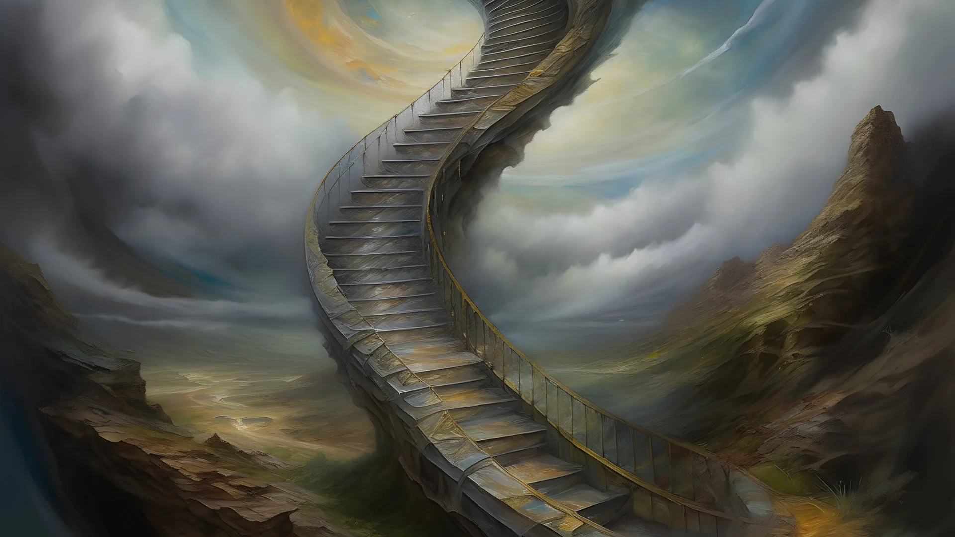 Oil painting, Monumental, spiraling stone staircase rising up into a boundless, enigmatic heavens above a rugged, untamed terrain, vibrant color palette, blurry, muted colors, long exposition motion blur, creative, extremely detailed brush stroke