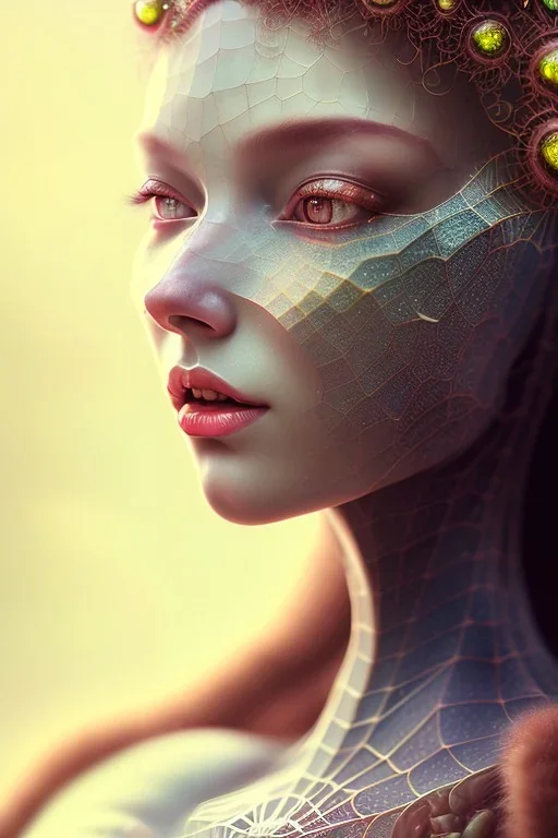 portrait photography of ethereal beauty as spider goddess, 8K, Portrait of a woman by Michelangelo, close-up face, anatomically perfect face, a sunny atmosphere, Pine tree roots, clean face