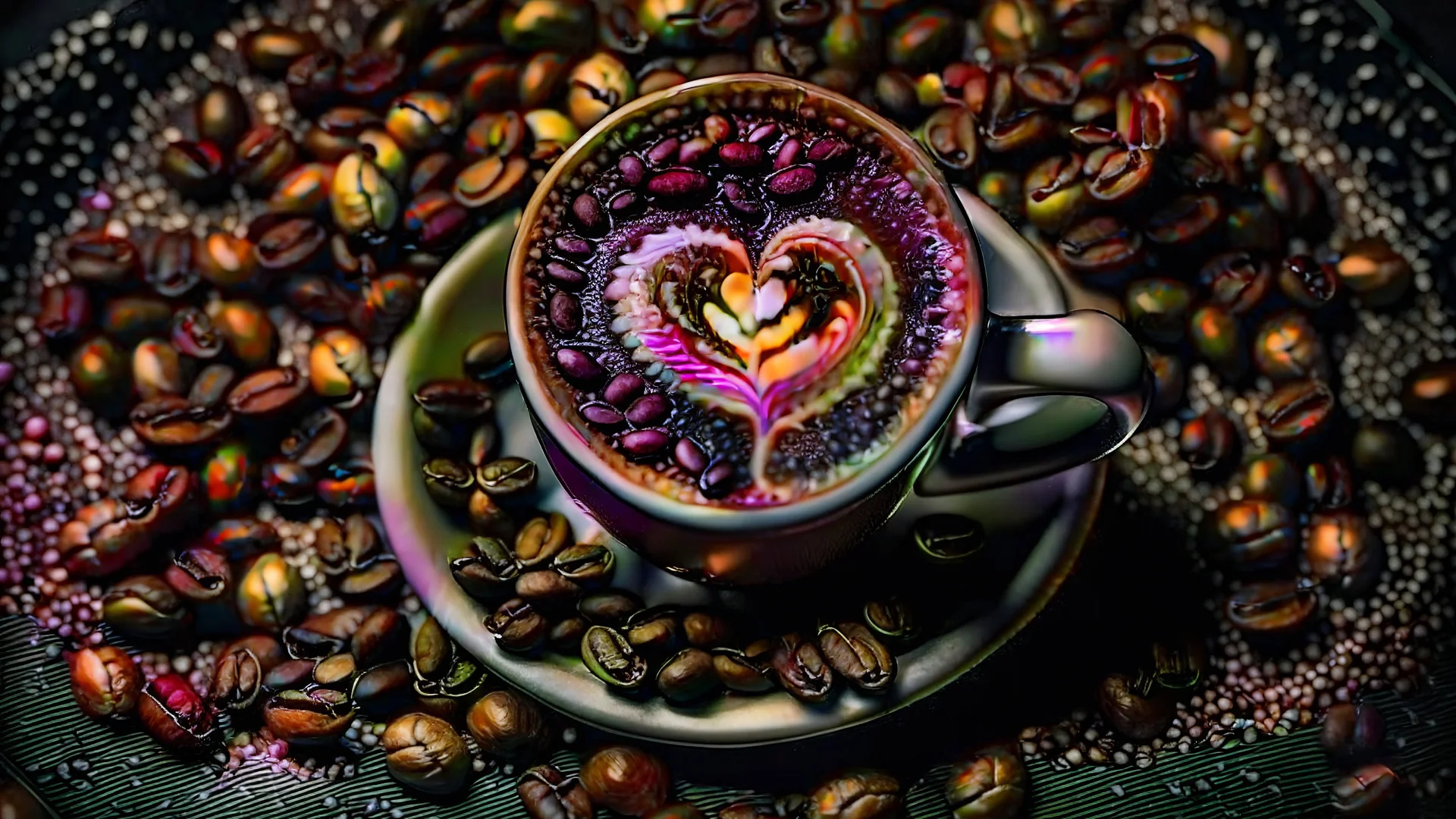 A cup of coffee with an Arabic coffee heart and coffee beans in an amazing theme