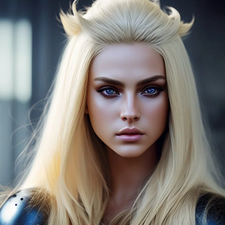 Photorealistic headshot of a fierce blonde warrior