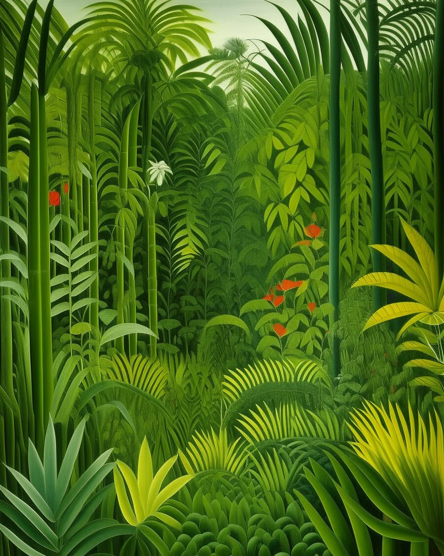A lime green tropical jungle designed in ancient Egyptian hieroglyphics painted by Henri Rousseau