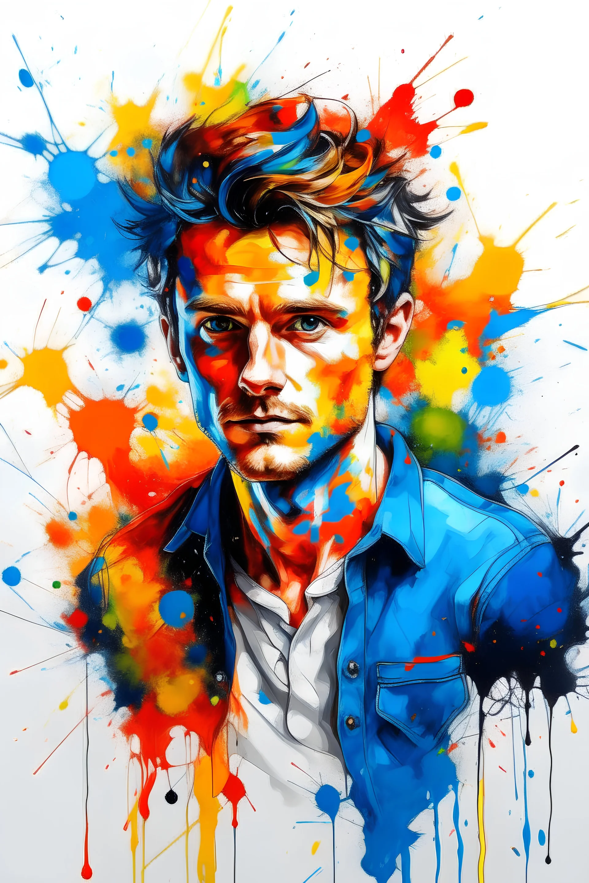 colorful and abstract handsome person portrait. The person is decorated with bright paint splatters in blue, yellow, salmon color, orange and black. The painting style is abstract and expressionist, integrating the figure with the white background. Part of a white shirt or jacket appears among the colorful splashes. looking through right. 37 years oold.