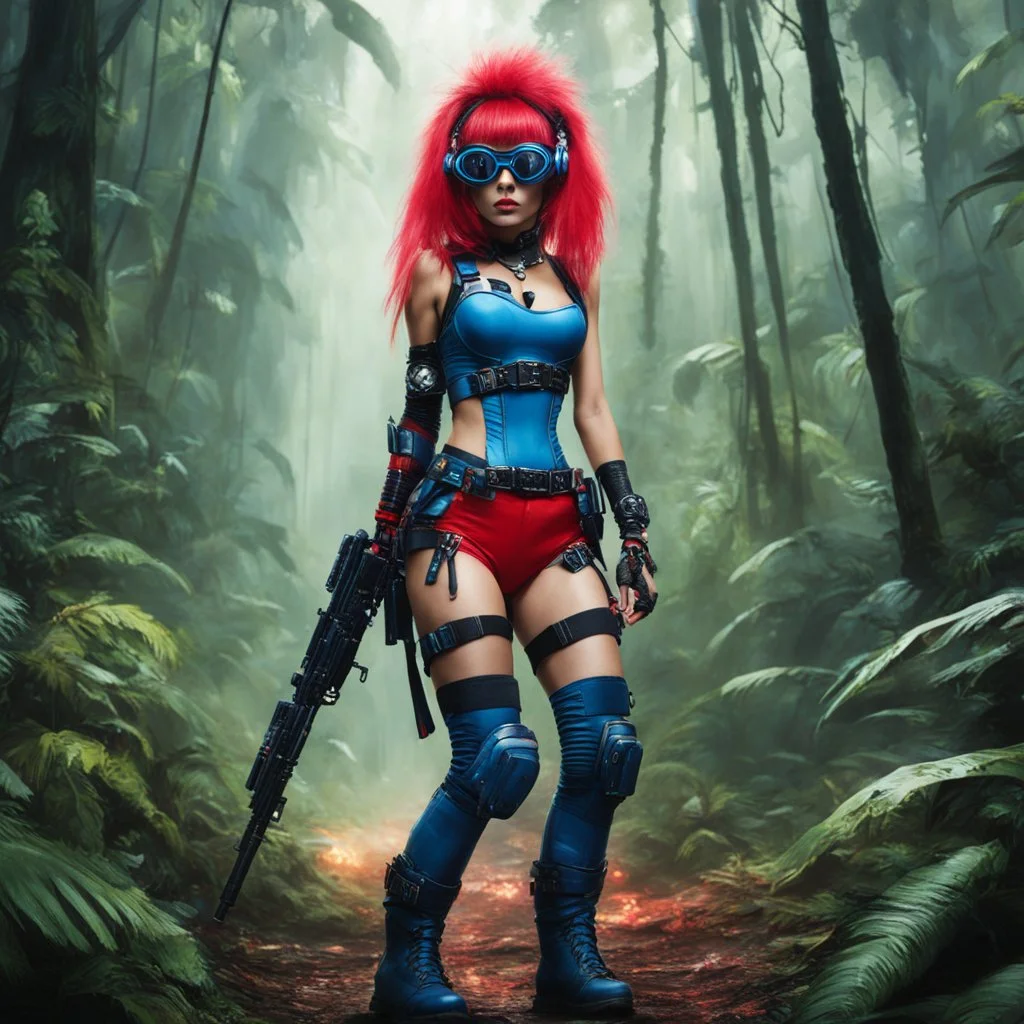 [humid jungle forest] thin blue Tank Girl alien warrior with goggles red boots and corset with ray guns