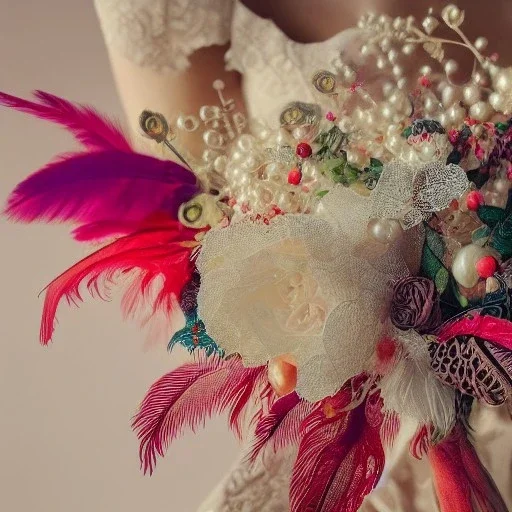 delicate bouquet of lace pearls and feathers, chiaroscuro, vivid colors, festive colors, dramatic lighting, beautiful composition, aesthetic layout