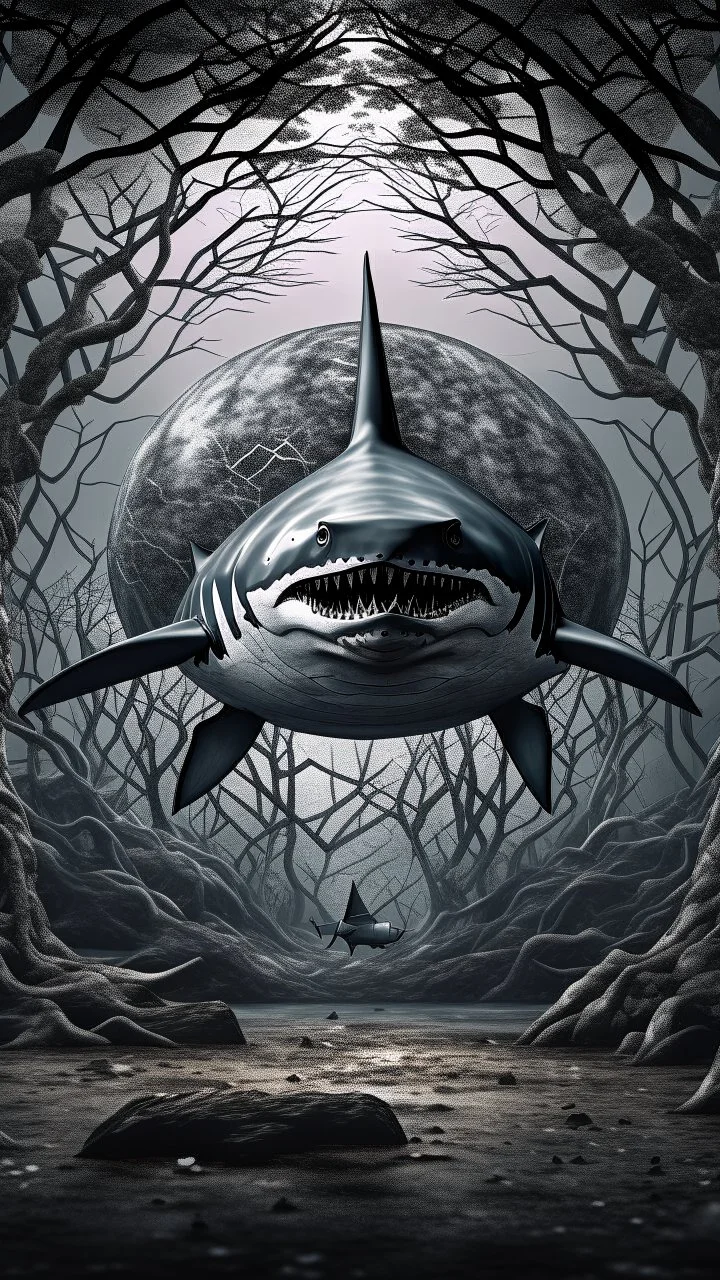 Giant gray shark in a gray background of black vein, human veins, mixing together a lot of them, like a forest, big and small veins a lot of them, crystal balls