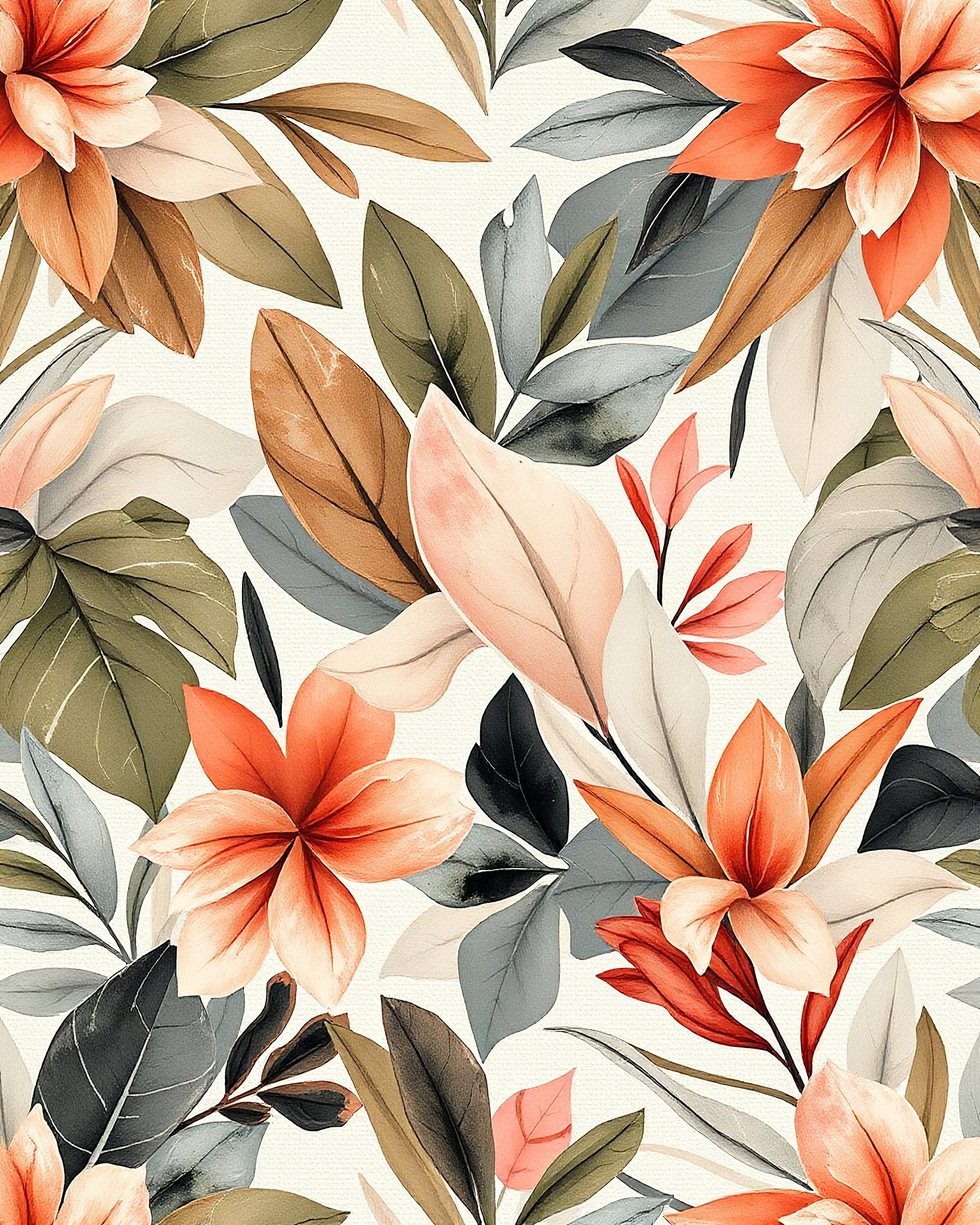 A seamless, abstract botanical pattern with a mirror-symmetry layout. The composition features layered, stylized tropical leaves and floral shapes arranged in an artistic, fabric-texture style. Dominant colors include muted olive green, dusty terracotta, pale blush, charcoal gray, warm beige, soft blue-gray, and faded coral red. The artwork appears painted with soft brushstrokes, giving it a hand-crafted watercolor or gouache feel, with a linen-textured background. The visual effect is organic,