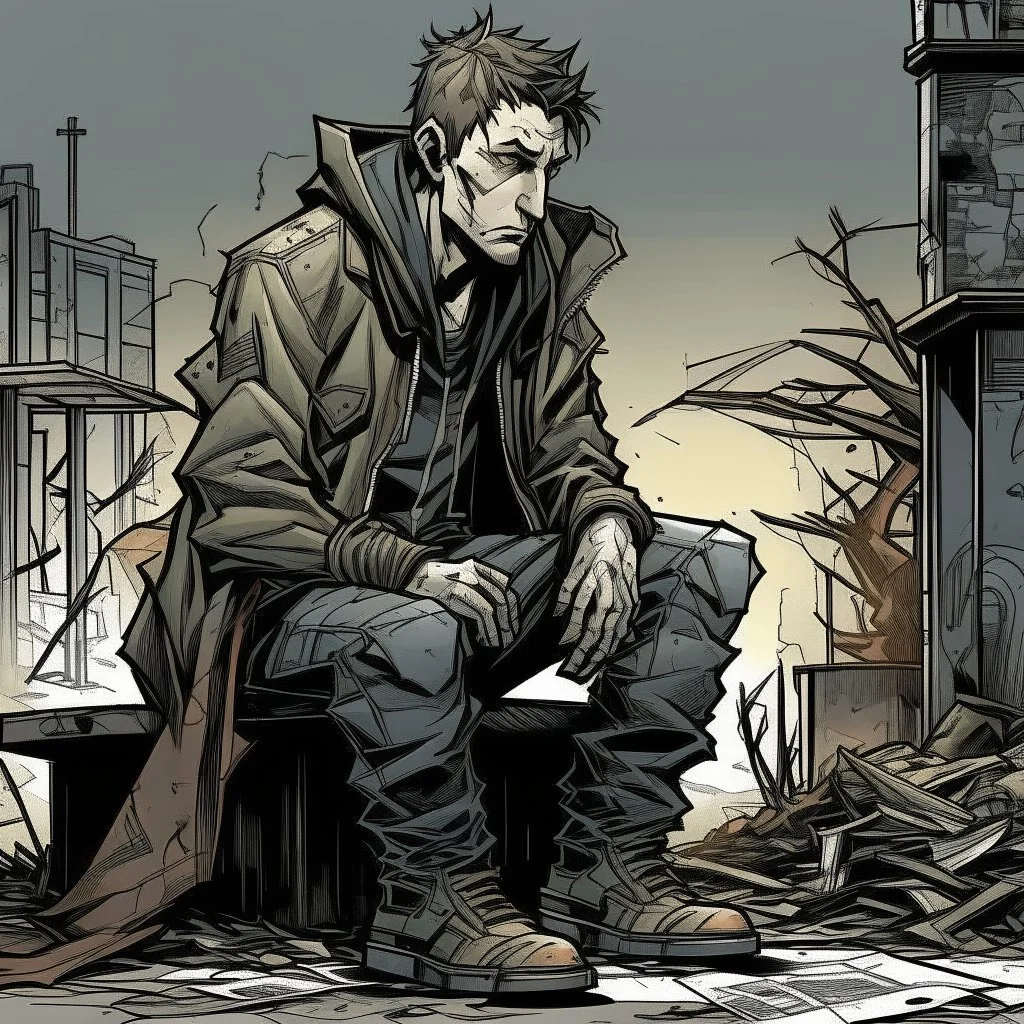 man, ethan hawk, sitting, comic book, post-apocalypse, grey background, illustration,